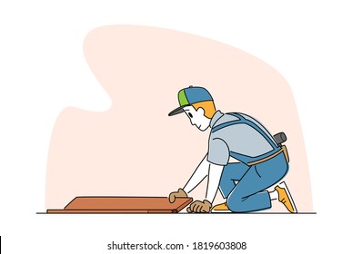 Laminate Flooring Service. Worker Character with Tools Sitting on Floor Fitting Laminate Pieces. House Work, Handyman Business. Home Renovation and Repair Carpentry Works. Linear Vector Illustration