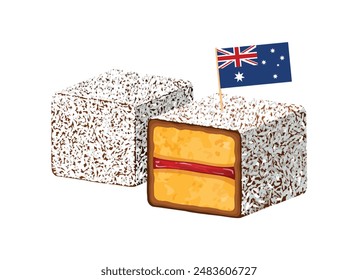 Lamington cake with flag of australia vector illustration. Lamington sponge cake with coconut icon vector isolated on a white background. Australian dessert square with jam drawing