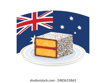 Lamington cake and flag of australia vector illustration. Lamington sponge cake with coconut icon vector isolated on a white background. Australian dessert square with jam drawing