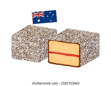 Lamington sponge cake with australian flag icon vector. Australian chocolate dessert with coconut and jam drawing. Lamington cakes icon set isolated on a white background