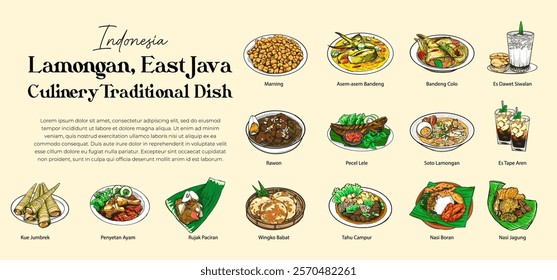 Lamongan Culinary Traditional Dish, hand drawn illustration