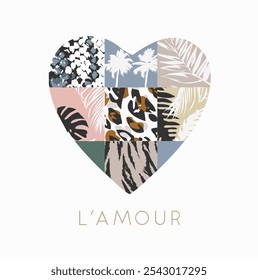 L'amour (palabra francesa significa amor) eslogan con rayas de animales salvajes y hojas en forma de corazón Ilustración vectorial