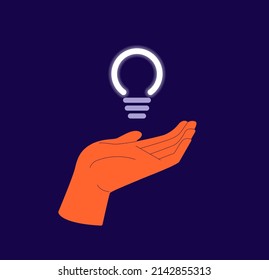 Lamp above the palm of the hand. Ideas, think outside the box, imagination, solution, brainstorming. Vector illustration concept.