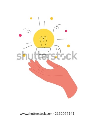 Lamp above the palm of the hand. Ideas, think outside the box, imagination, solution, brainstorming. Vector illustration.