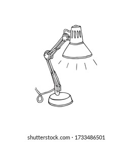 Lámpara con soporte ajustable para lectura y trabajo, icono de ilustración de contorno dibujado a mano. Luz de escritorio de lectura, decoración original de dibujo animado. Mobiliario eléctrico de mesa y equipo de oficina. 