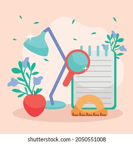 lamp apple lupe notebook and ruler of education theme