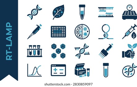 LAMP assay and field virus diagnostics icon set. Flat vector symbol collection with rna coils, heat block, tubes, turbidity, dna helix and handheld reader signs. Editable graphic design elements for portable testing websites, mobile apps, infographics, banners and presentations. Simple isolated pictograms in blue tones on white background.