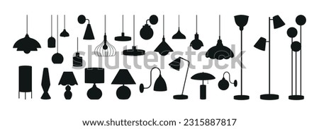 Lamp black silhouettes. Lighting home accessories, decorative modern floor wall lamps for work and decor. Lights elements vector clipart