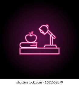 Lamp book apple on the table, workplace neon icon. Simple thin line, outline vector of education icons for ui and ux, website or mobile application