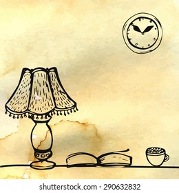 Lamp, book and cup on the table. Hand drawn doodles at brown watercolor background. Vector illustration of reading and study.