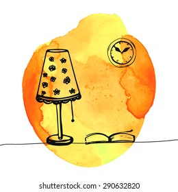 Lamp and book on the table. Hand drawn doodles at yellow watercolor background. Vector illustration of reading and study.
