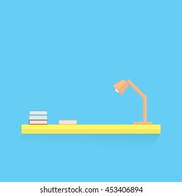 Lamp and books on desk with flat design and blue background, vector illustration
