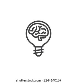 Lamp with brain line icon. linear style sign for mobile concept and web design. Artificial intelligence learning outline vector icon. Symbol, logo illustration. Vector graphics