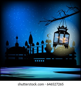 Lamp. The branches of the tree hang down. Translation from the Arabic text: "Ramadan". Religion is Islam. City of mosques with reflection in the water.