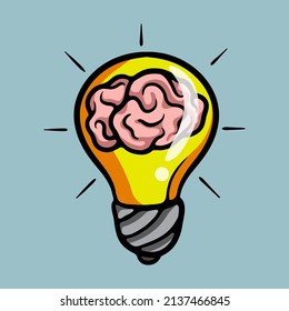 Lamp bulb with brain inside cartoon vector illustration