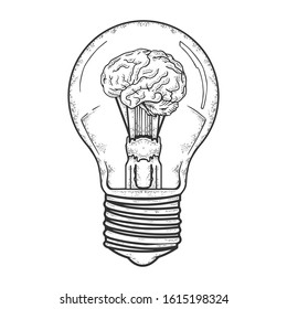 Lamp bulb with brain inside sketch engraving vector illustration. T-shirt apparel print design. Scratch board imitation. Black and white hand drawn image.