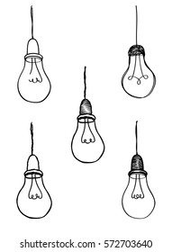 Lamp bulb collection. Light icon set. Hand drawn sketch illustration