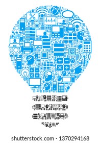 Lamp Bulb composition icon combined for bigdata and computing purposes. Vector lamp bulb mosaics are combined from computer, calculator, connections, wi-fi, network,