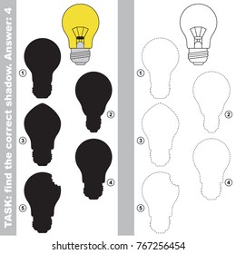 Lamp Bulb to find the correct shadow, the matching educational kid game to compare and connect objects and their true shadows, simple gaming level for preschool kids.