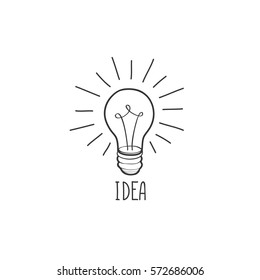 Lamp bulb isolated over white background with handwritten lettering. Great idea icon concept. Doodle line hand drawn sketch illustration
