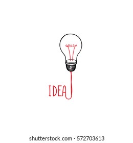 Lamp bulb isolated over white background with handwritten lettering. Great idea icon concept. Doodle line hand drawn sketch illustration