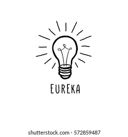 Lamp bulb isolated over white background with handwritten lettering. Great idea icon concept. Doodle line hand drawn sketch illustration