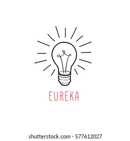 Lamp Bulb Isolated Over White Background With Handwritten Lettering. Great Idea Icon Concept. Doodle Line Hand Drawn Sketch Illustration