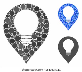Lamp bulb marker composition of spheric dots in various sizes and color tints, based on lamp bulb marker icon. Vector dots are combined into blue composition.