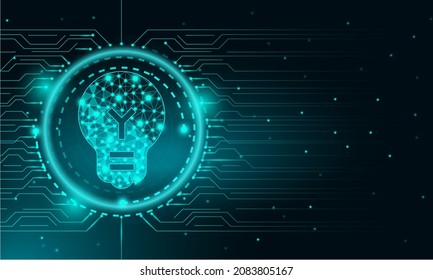Lamp bulb on circuit board vector illustration. Wireframe landscape background. Blue abstract hi speed internet technology.
