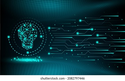  Lamp bulb on technology background. Wireframe landscape background. Blue abstract hi speed internet technology.