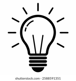 Lamp bulb vector flat icon with light rays. Black outline vector on white background.