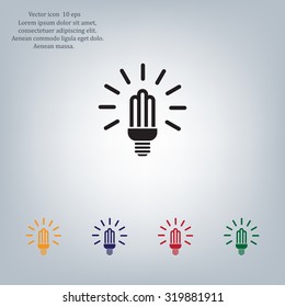 Lamp bulb vector flat icon with light rays. Black outline contour style symbol.