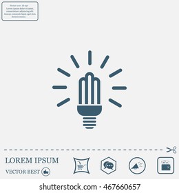 Lamp bulb vector flat icon with light rays. Black outline contour style symbol.