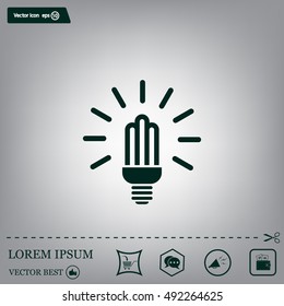 Lamp bulb vector flat icon with light rays. Black outline contour style symbol.