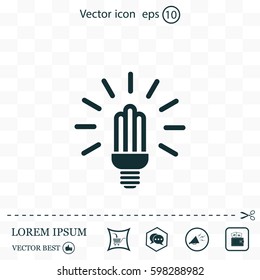 Lamp bulb vector flat icon with light rays. Black outline contour style symbol.