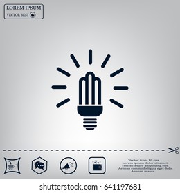 Lamp bulb vector flat icon with light rays. Black outline contour style symbol.