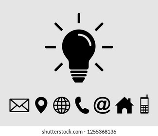 Lamp bulb vector icon isolated, with contact us set icon