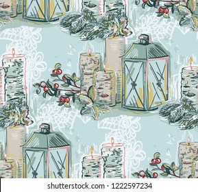 lamp candle christmas new year blue pink seamless pattern paint textured vector