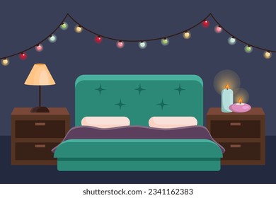 Lampe und Kerzen auf den Nachttischen Vektorgrafik. Cartoon Zeichnung des Schlafzimmerinnenraums mit Bett, Schränke und Quellen von weichem Licht, Saitenleuchten. Möbel, Inneneinrichtung, Tageszeitkonzept
