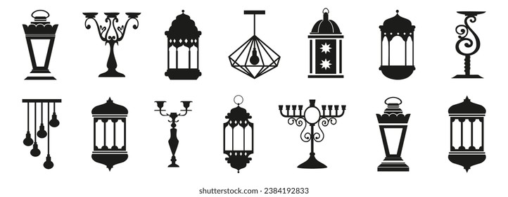 Lamp and candlestick icons. Silhouettes of candlesticks in black. Elegant vintage lamp icons. Candlestick lamp icons for religion celebration. Traditional candlestick icons