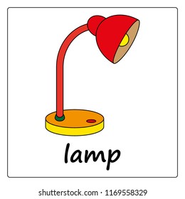 lamp -  сartoon card, worksheet for children. Education game for kids. flashcards for learning English.
