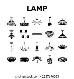 lamp ceiling light interior home icons set vector. room bulb, decor chandelier, wall electric, bright decoration, metal style lamp ceiling light interior home glyph pictogram Illustrations