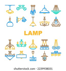 los iconos interiores de iluminación de techo de lámpara establecen el vector. bombilla de habitación, lámpara de araña decorativa, pared eléctrica, decoración luminosa, lámpara de metal estilo techo lámpara de techo luz interior ilustraciones del color de la casa