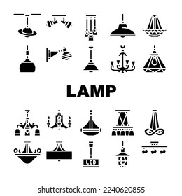 lamp ceiling light interior home icons set vector. room bulb, decor chandelier, wall electric, bright decoration, metal style lamp ceiling light interior home glyph pictogram Illustrations