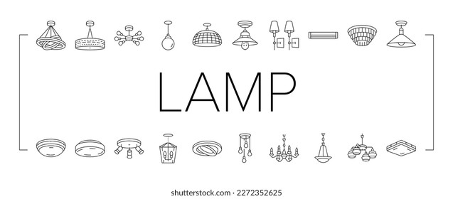 lamp ceiling light interior home icons set vector. room bulb, decor chandelier, wall electric, bright decoration, metal style lamp ceiling light interior home black contour illustrations
