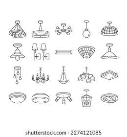 los iconos interiores de iluminación de techo de lámpara establecen el vector. bombilla de habitación, lámpara de araña decorativa, pared eléctrica, decoración luminosa, lámpara de metal estilo techo lámpara de techo luz interior de color negro de la casa ilustraciones
