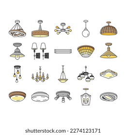los iconos interiores de iluminación de techo de lámpara establecen el vector. bombilla de habitación, lámpara de araña decorativa, pared eléctrica, decoración luminosa, lámpara de metal estilo techo lámpara de techo luz interior ilustraciones del color de la casa