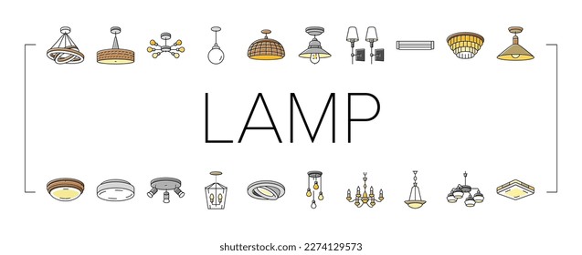 lamp ceiling light interior home icons set vector. room bulb, decor chandelier, wall electric, bright decoration, metal style lamp ceiling light interior home color line illustrations