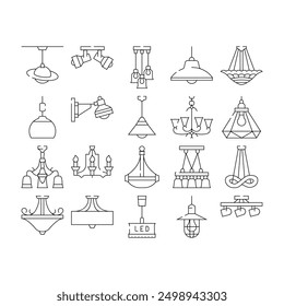 lamp ceiling light interior home icons set vector. room bulb, decor chandelier, wall electric, bright decoration, metal style lamp ceiling light interior home black contour illustrations