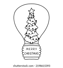 Lamp With Christmas tree in hand drawn doodle style. New Year Concept. Vector illustration isolated on white background.